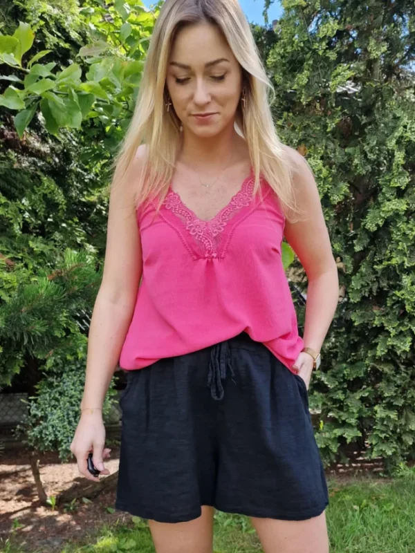 czarne spodenki damskie bawełna z lnem szorty wiązane lniane