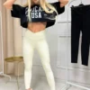 legginsy prążkowane kremowe pas skos ecru