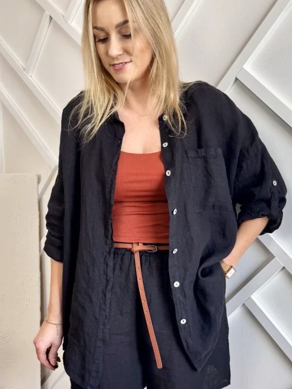 lniany komplet damski czarny koszula spodenki 100% len