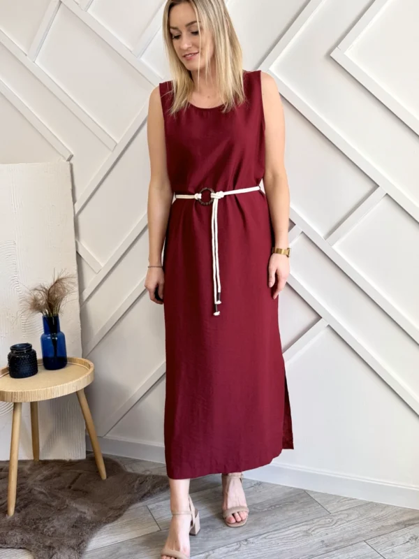 długa bordowa sukienka z rozcięciami i z paskiem sukienka z wiskozy maxi bez rękawów