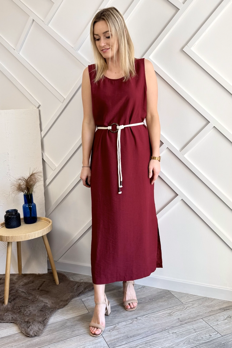 długa bordowa sukienka z rozcięciami i z paskiem sukienka z wiskozy maxi bez rękawów