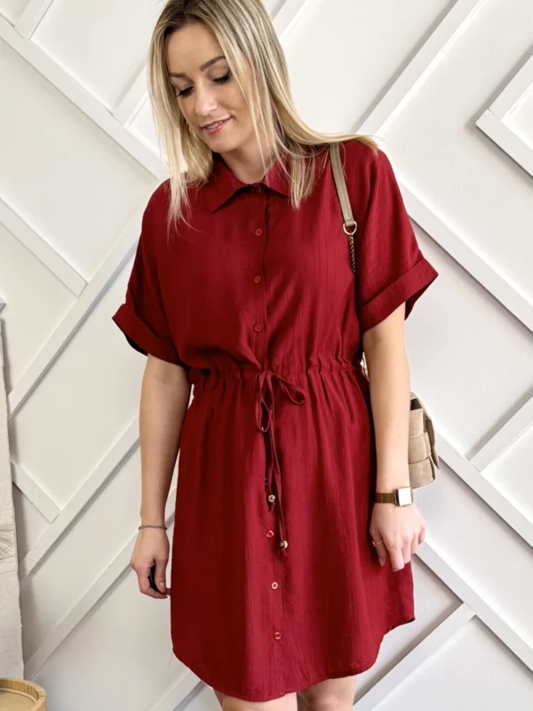 bordowa sukienka szmizjerka na krótki rękaw na guziki wiązana burgundowa letnia sukienka