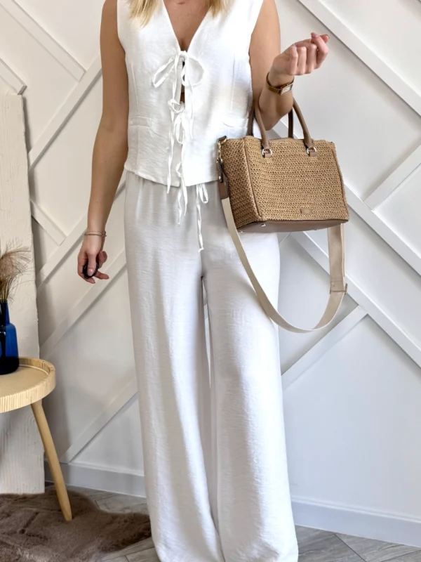 biały komplet damski kamizelka i szerokie spodnie letni set z wiskozy