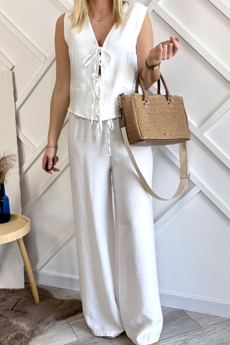 biały komplet damski kamizelka i szerokie spodnie letni set z wiskozy