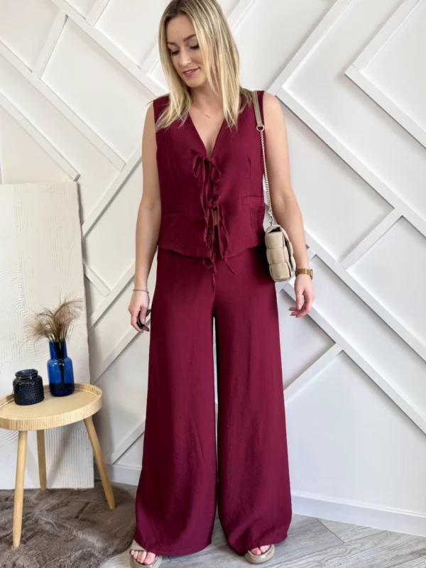 bordowy komplet damski kamizelka i szerokie spodnie letni set z wiskozy