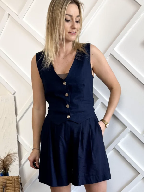 komplet lniany damski kamizelka i spodenki granatowy szerokie szorty z lnu