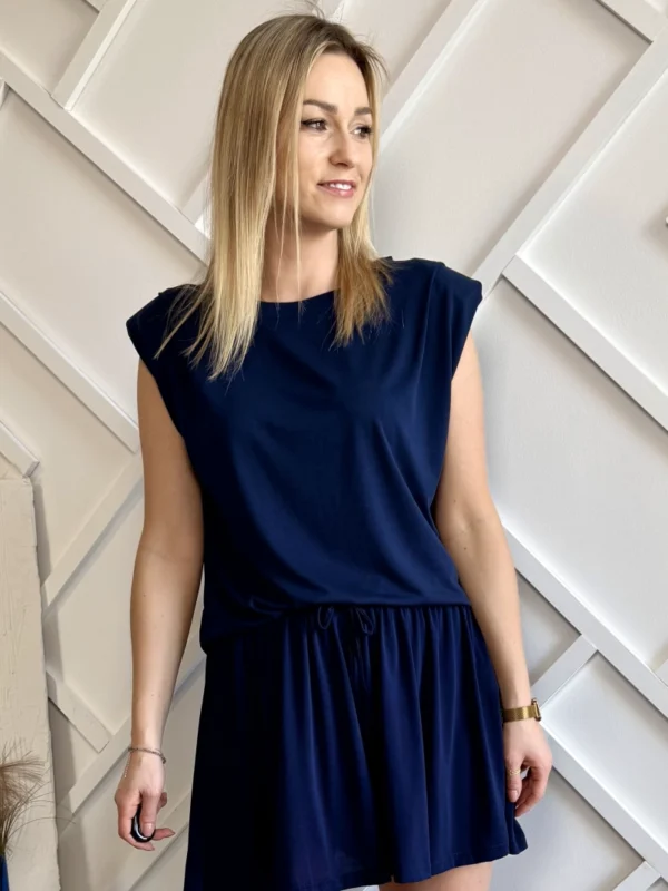 granatowy komplet damski krótkie spodenki i bluzka z poduszkami w ramionach szerokie szorty wiskoza