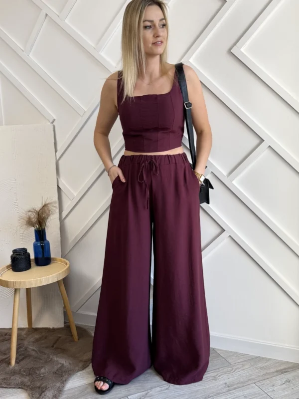 bordowy komplet damski top i szerokie spodnie