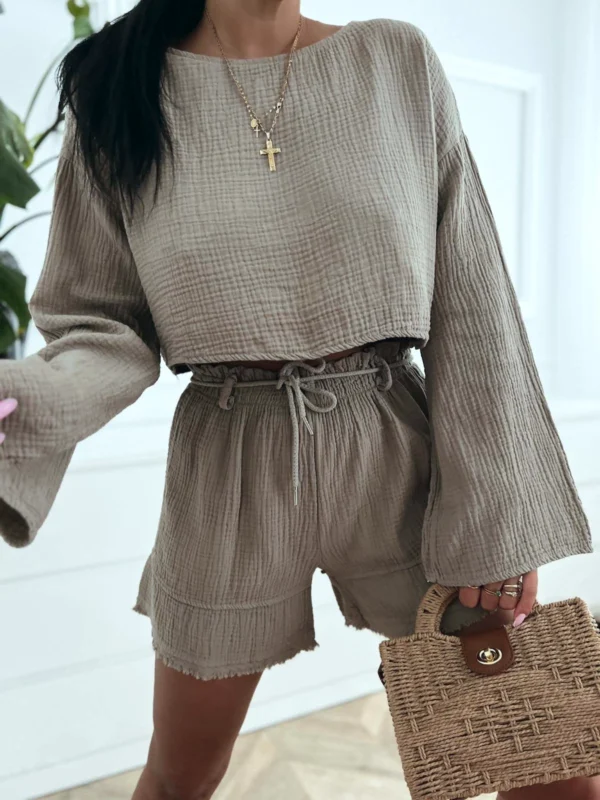 muślinowy komplet damski krótkie spodenki i bluzka na długi rękaw ciemny beżowy fango