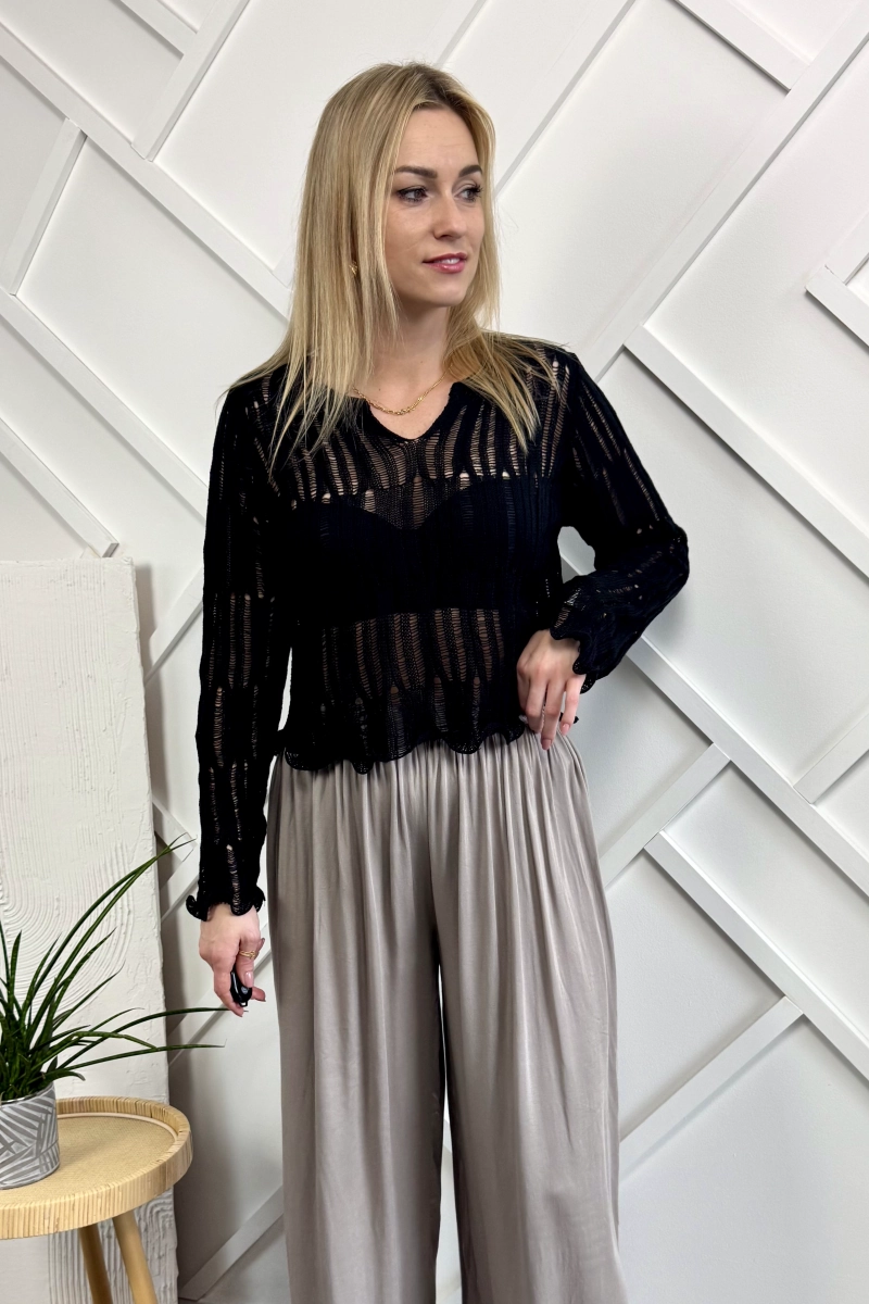 cienki ażurowy sweterek czarny długi rękaw