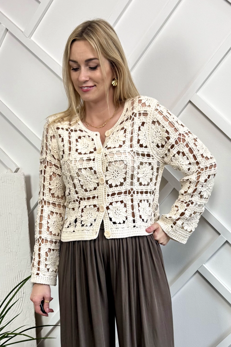 ażurowy kardigan beżowy, ażurowy rozpinany sweterek damski beżowy, na długi rękaw