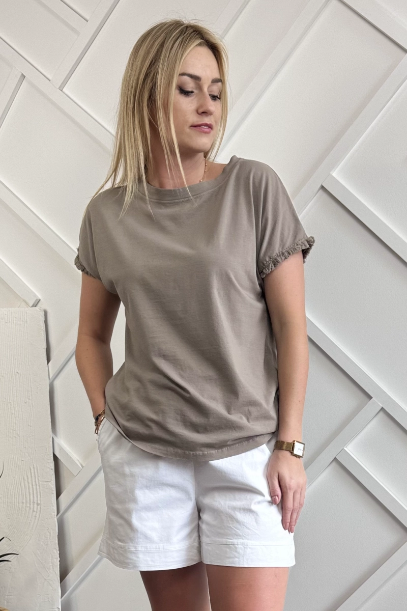 T-Shirt bluzka z bawełny na krótki rękaw z frędzlami kolor: beżowy taupe