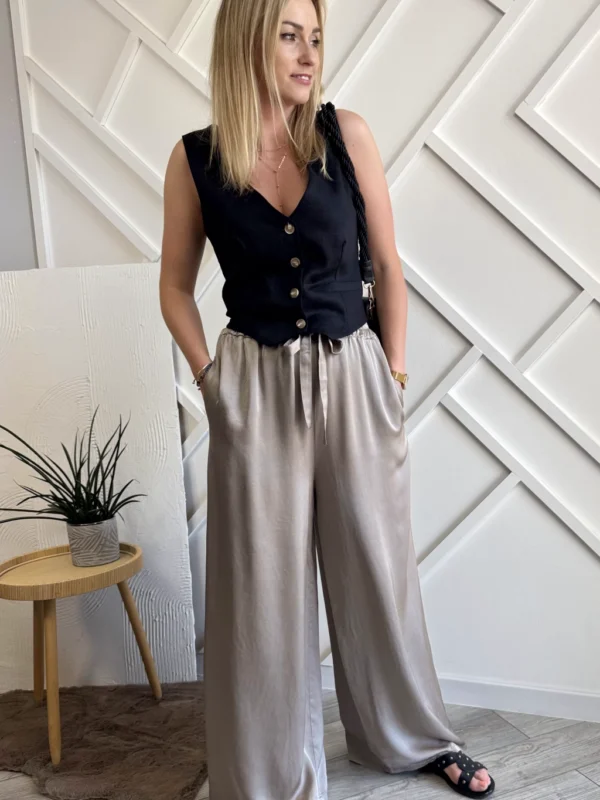 szerokie satynowe spodnie beżowe, spodnie z satyny z szerokimi nogawkami 100% wiskoza