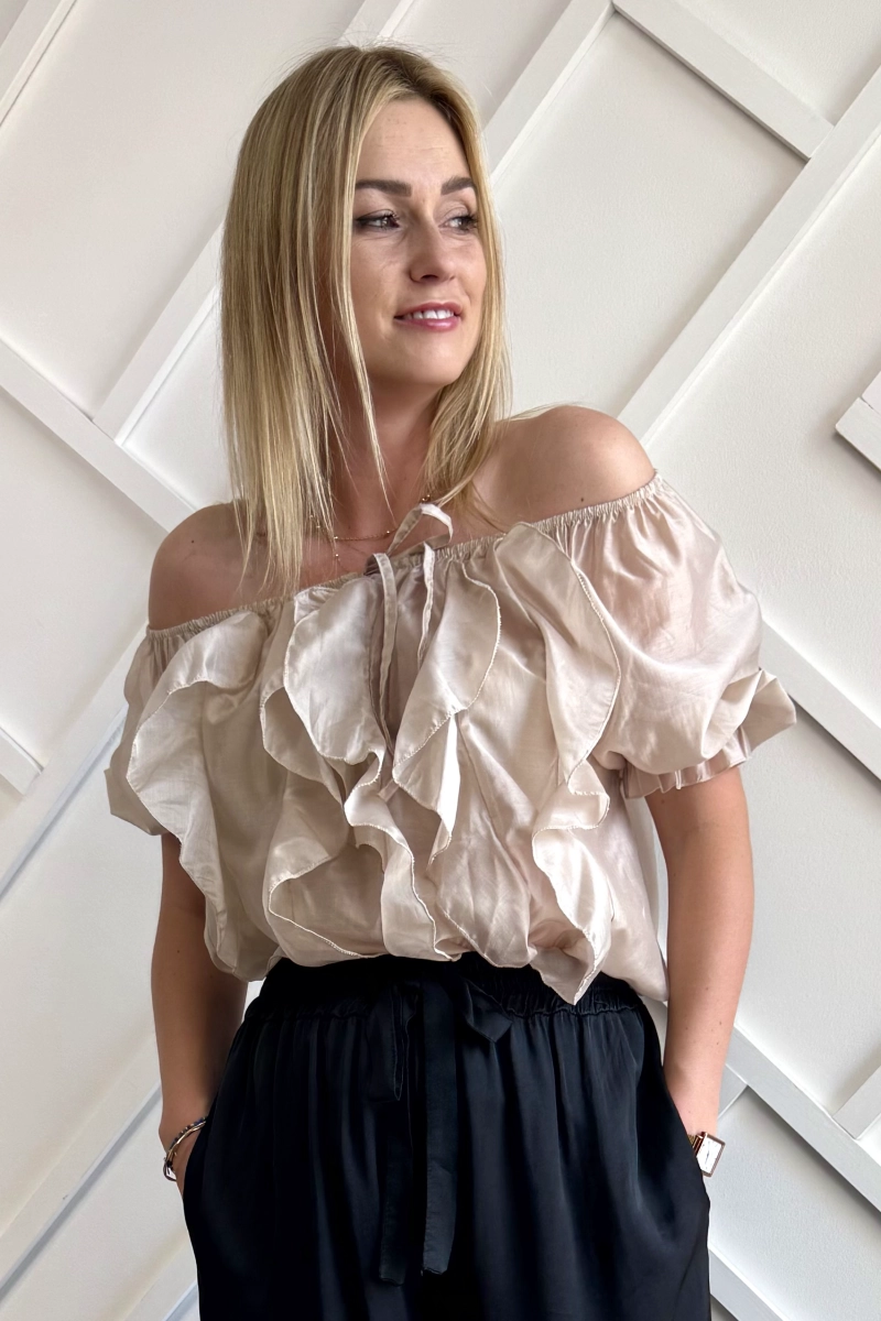 bluzka mgiełka z falbankami beżowa, delikatna bluzka z tencelu, na krótki rękaw