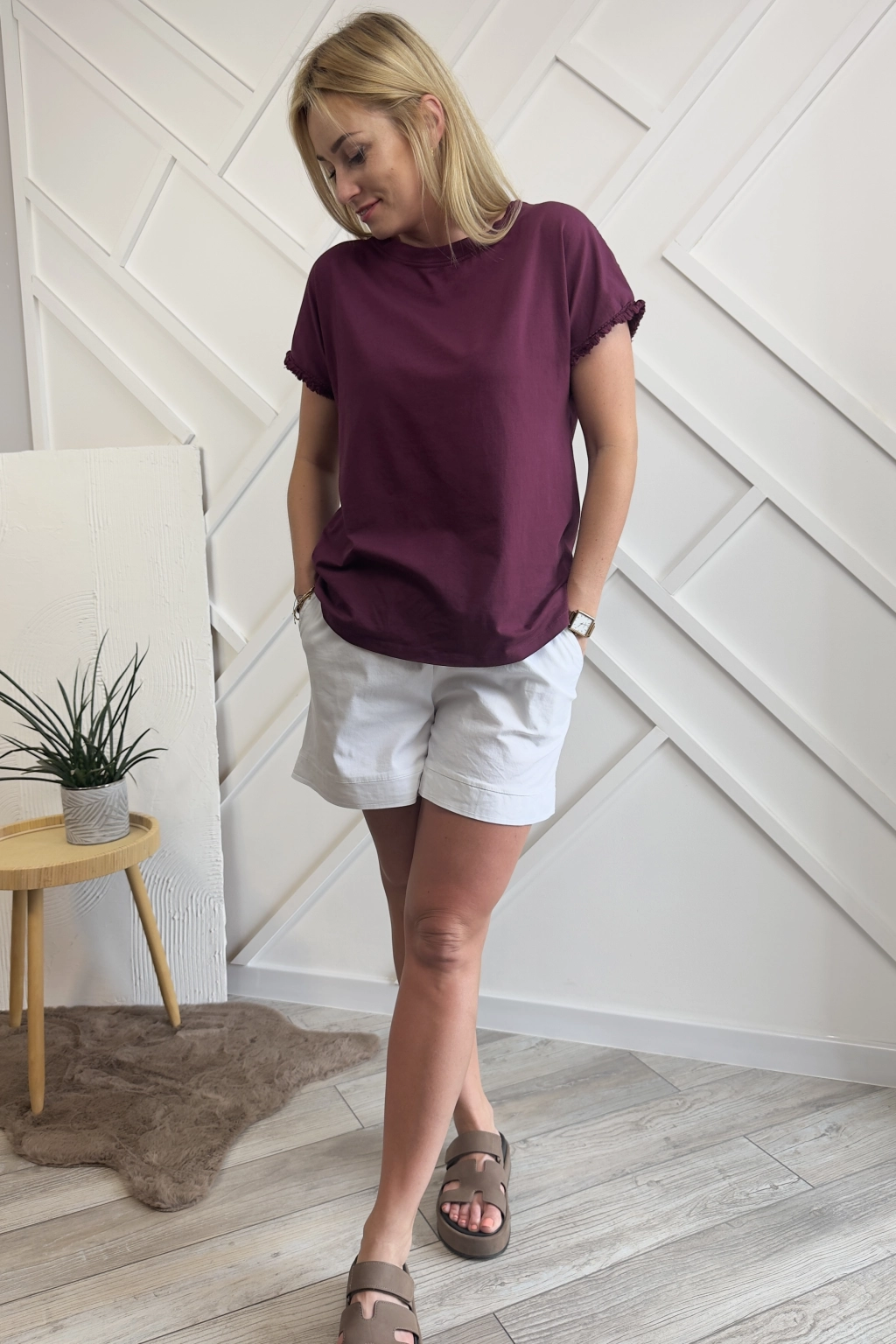 T-Shirt bluzka z bawełny na krótki rękaw z frędzlami kolor: bordowy