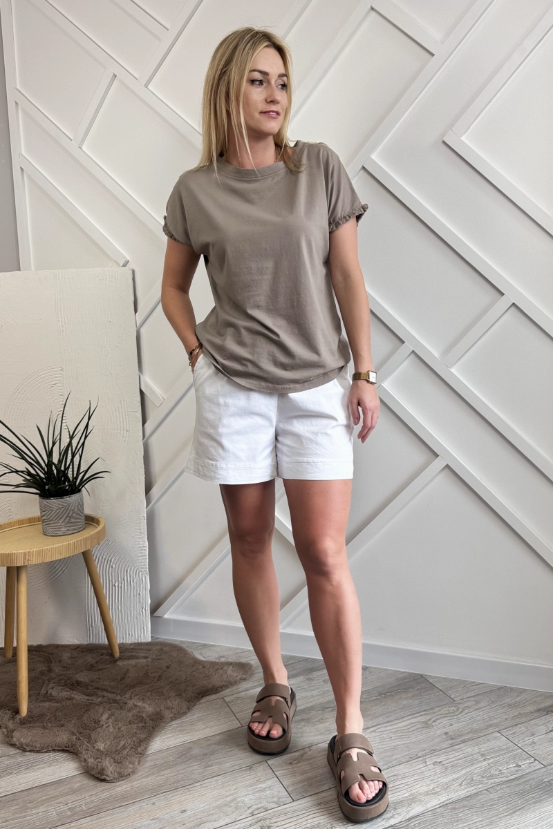 T-Shirt bluzka z bawełny na krótki rękaw z frędzlami kolor: beżowy taupe