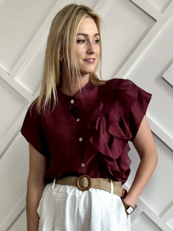bluzka mgiełka z falbankami bordowa koszula damska na krótki rękaw z tencelu