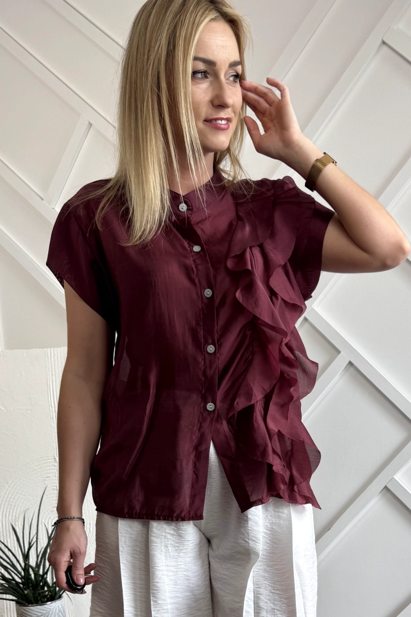 bluzka mgiełka z falbankami bordowa koszula damska na krótki rękaw z tencelu