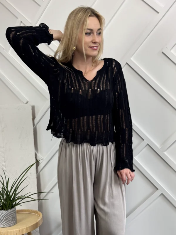 cienki ażurowy sweterek czarny długi rękaw