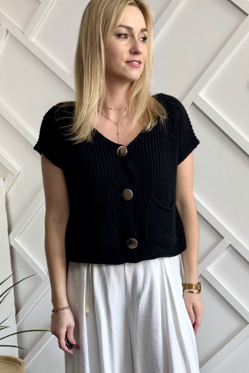 kamizelka dzianinowa damska czarna rozpinana na złote guziki sweterkowa kamizelka