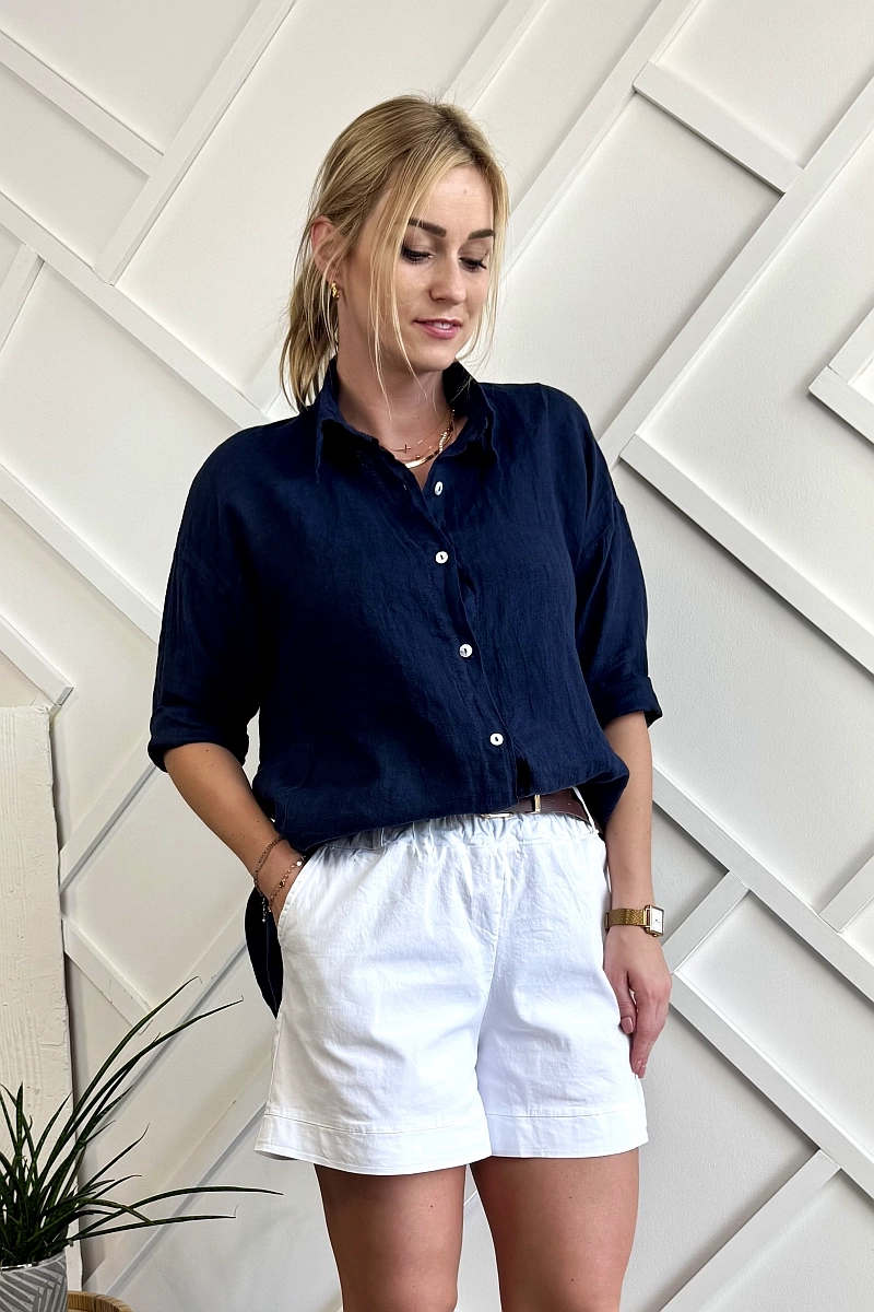 granatowa koszula lniana damska na długi rękaw 100% len