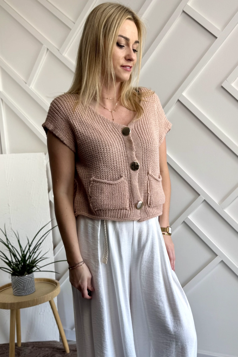kamizelka dzianinowa damska beżowa rozpinana na złote guziki sweterkowa kamizelka