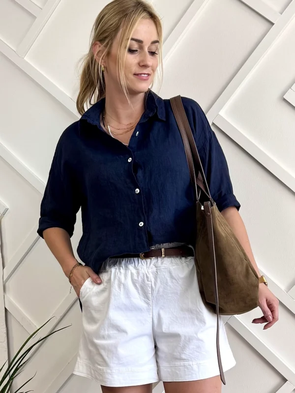 granatowa koszula lniana damska na długi rękaw 100% len