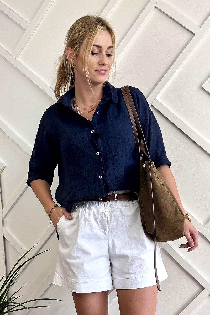 granatowa koszula lniana damska na długi rękaw 100% len