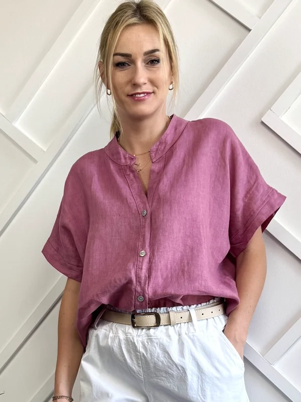 koszula lniana damska na krótki rękaw różowa jagodowa bez kołnierzyka