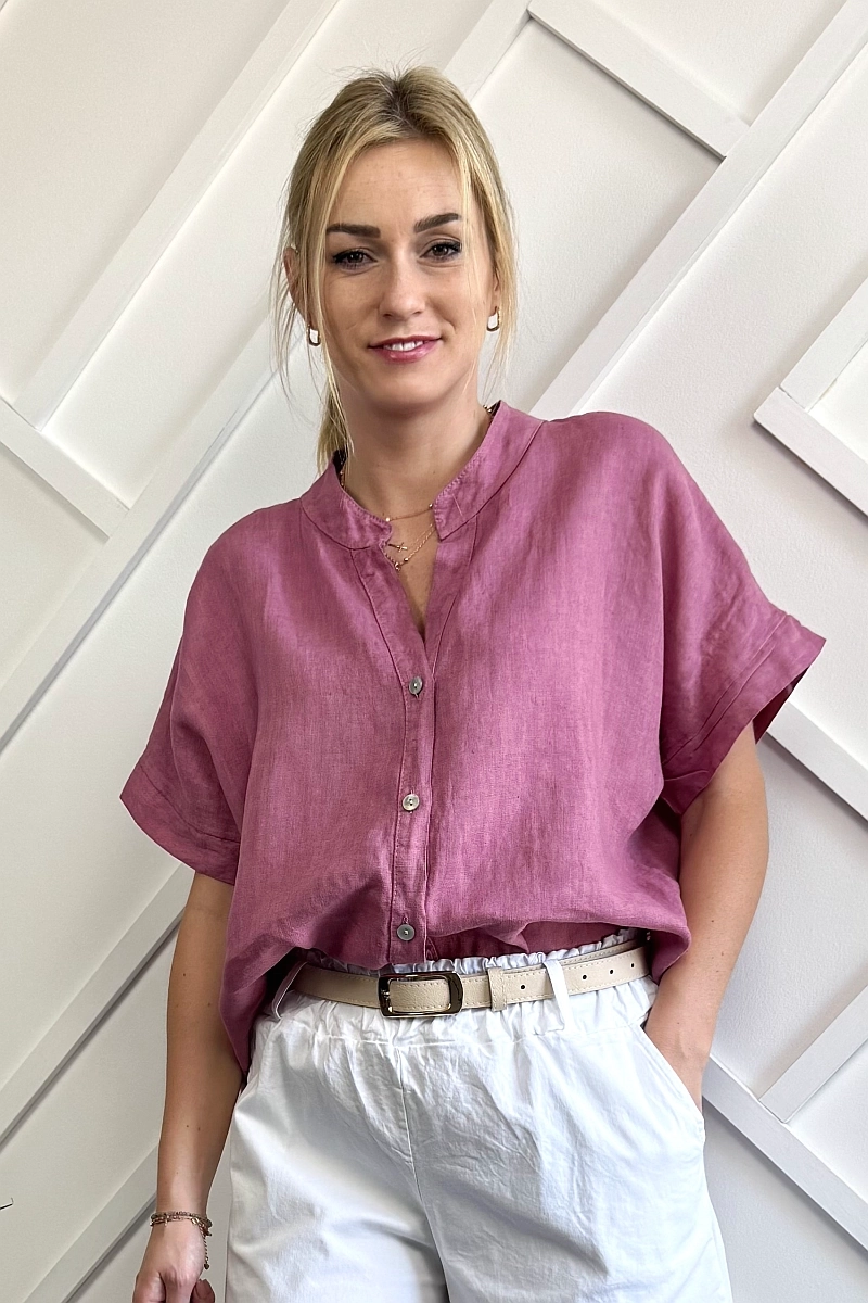koszula lniana damska na krótki rękaw różowa jagodowa bez kołnierzyka