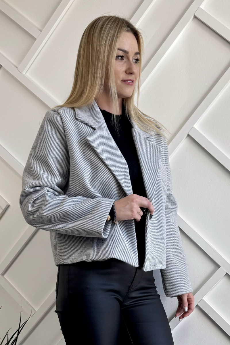 krótki płaszcz damski szary w jodełkę