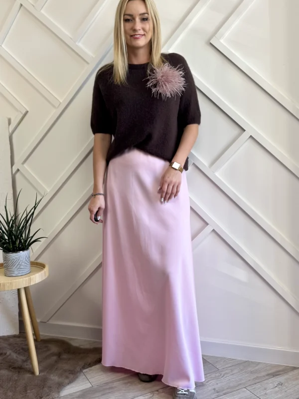 długa różowa spódnica satynowa pastelowa