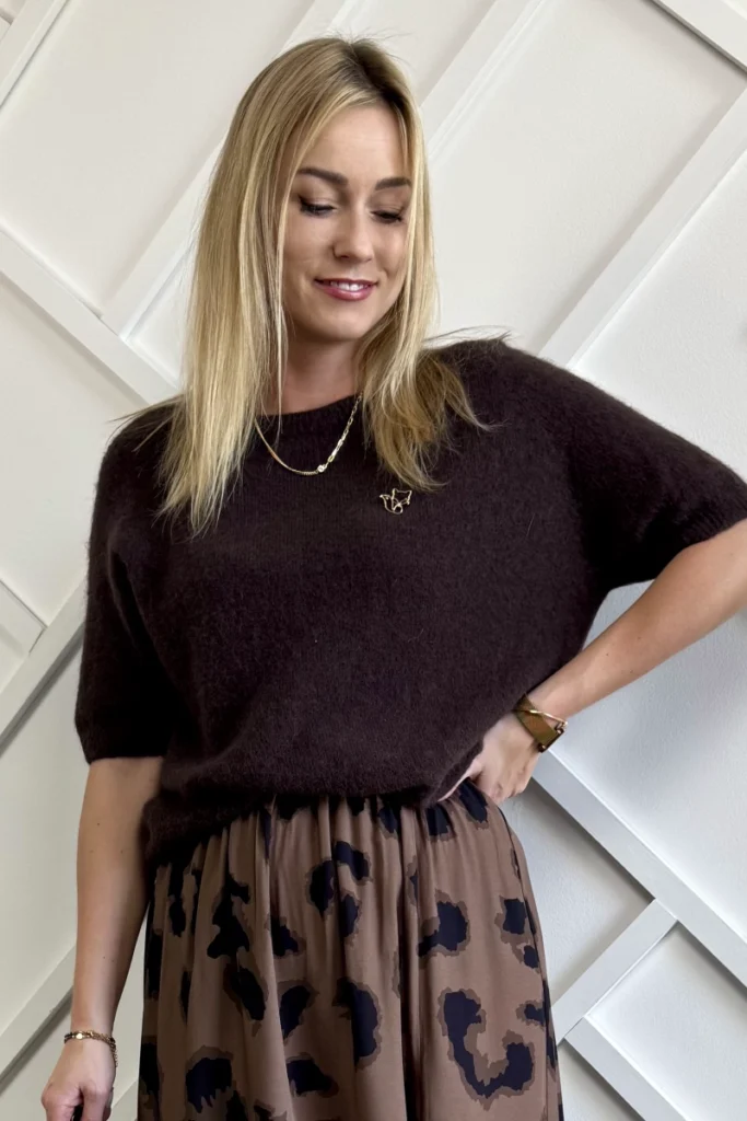 sweter z alpaki czekoladowy sweterek baby alpaka brązowy na krótki rękaw