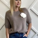 sweter z alpaki cappuccino taupe, sweterek baby alpaka mocca na krótki rękaw