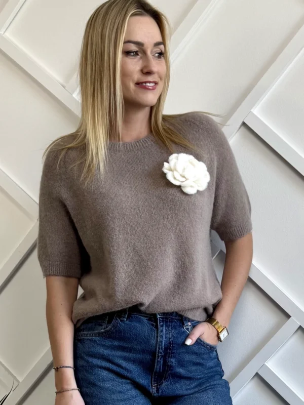 sweter z alpaki cappuccino taupe, sweterek baby alpaka mocca na krótki rękaw