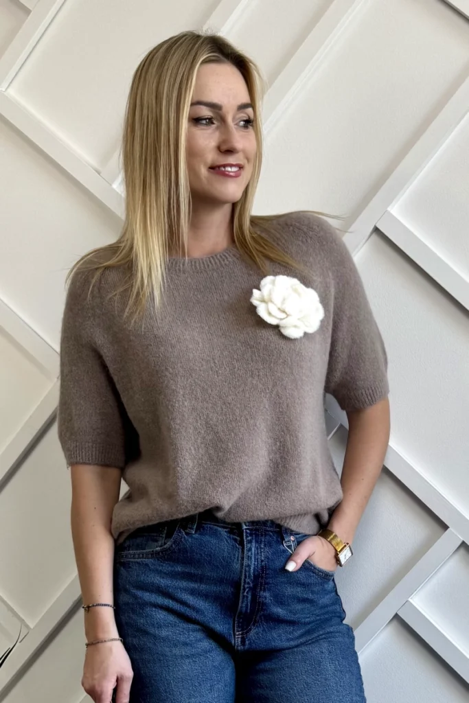 sweter z alpaki cappuccino taupe, sweterek baby alpaka mocca na krótki rękaw