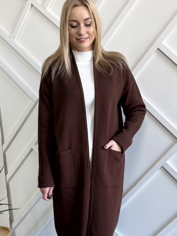 długi sweter kardigan damski brązowy z kieszeniami bez zapięcia czekoladowy, mięsista tkanina wiskoza