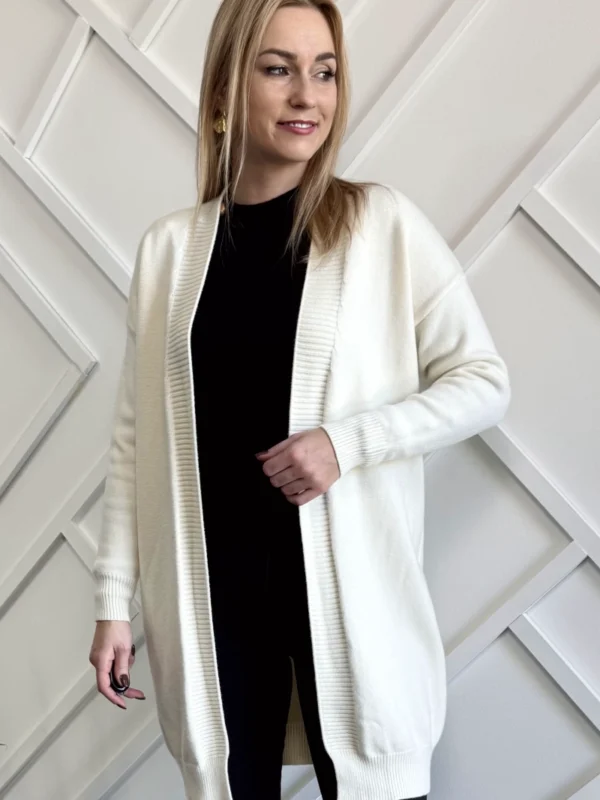 kremowy długi kardigan damski sweter bez zapięcia ecru wiskozowy