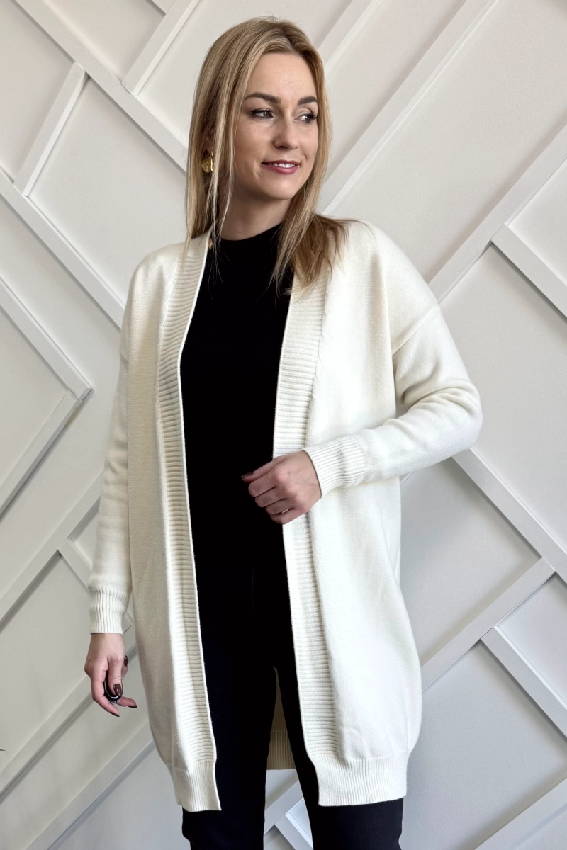 kremowy długi kardigan damski sweter bez zapięcia ecru wiskozowy