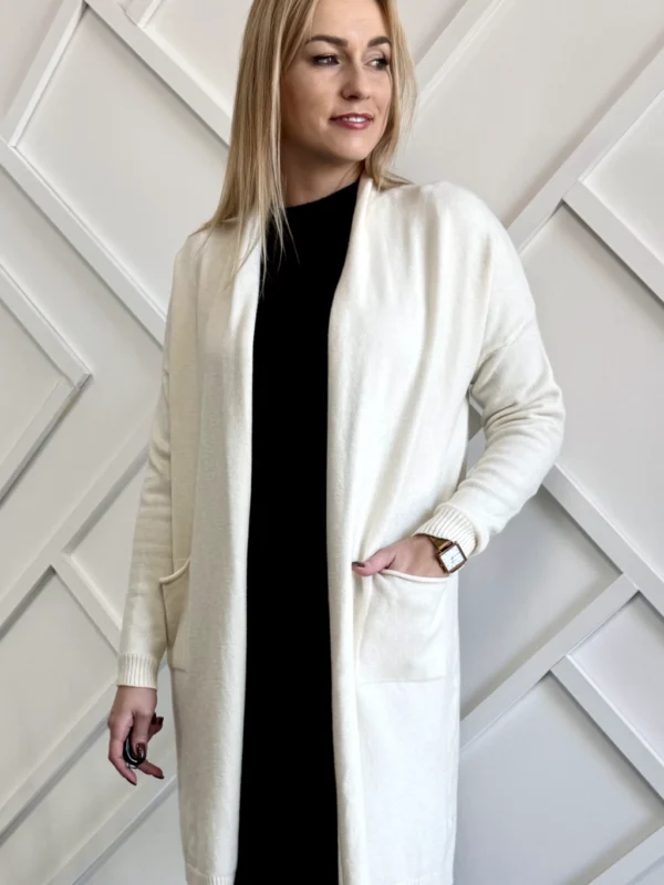 kremowy długi kardigan damski z kieszeniami sweter bez zapięcia ecru