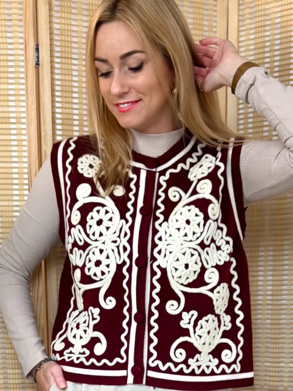 bordowa kamizelka damska dzianinowa haftowana