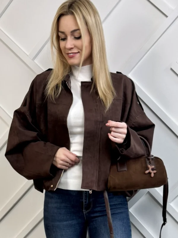 brązowa zamszowa kurtka bomberka damska czekoladowa kurtka oversize z zamszu