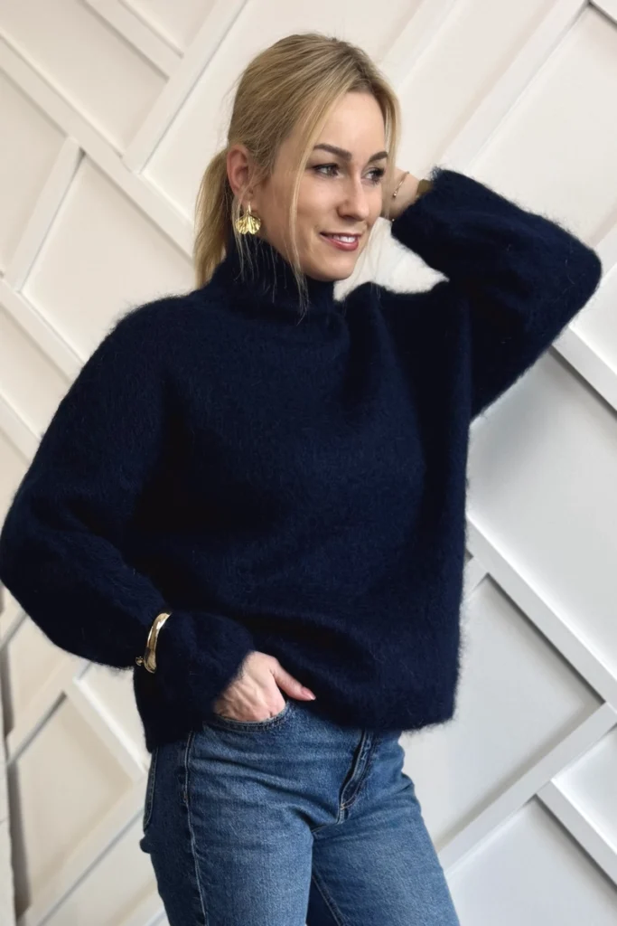 moherowy sweter damski z golfem granatowy 40% kid moher golf Toscana-39