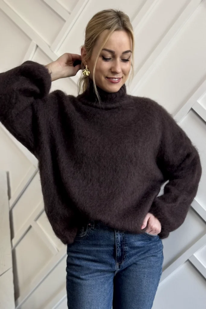 moherowy sweter damski z golfem brązowy 40% kid moher golf czekoladowy