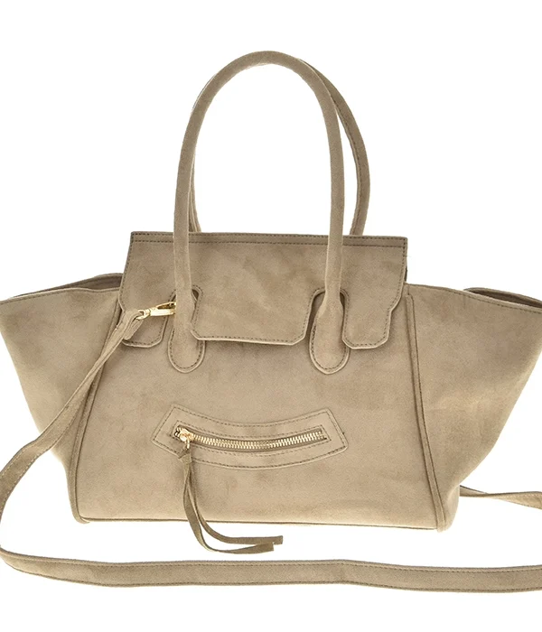 beżowa zamszowa torebka damska z klapą shopper