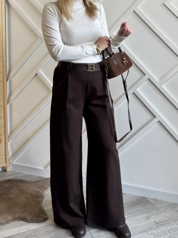 czekoladowe szerokie spodnie damskie brązowe palazzo z paskiem