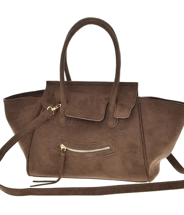 czekoladowa brązowa zamszowa torebka damska z klapa shopper