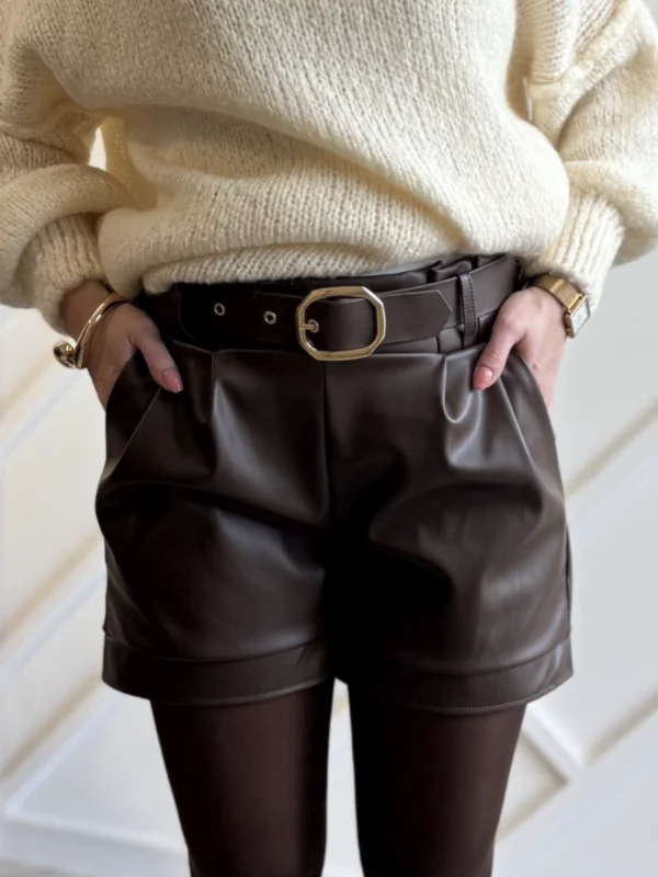 czekoladowe spodenki z eko skóry skórzane szorty damskie brązowe z paskiem