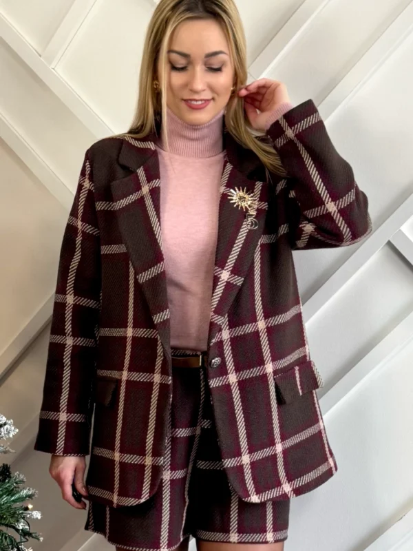 komplet garnitur damski w kratę czekoladowy brązowy marynarka i spodenki w kratkę