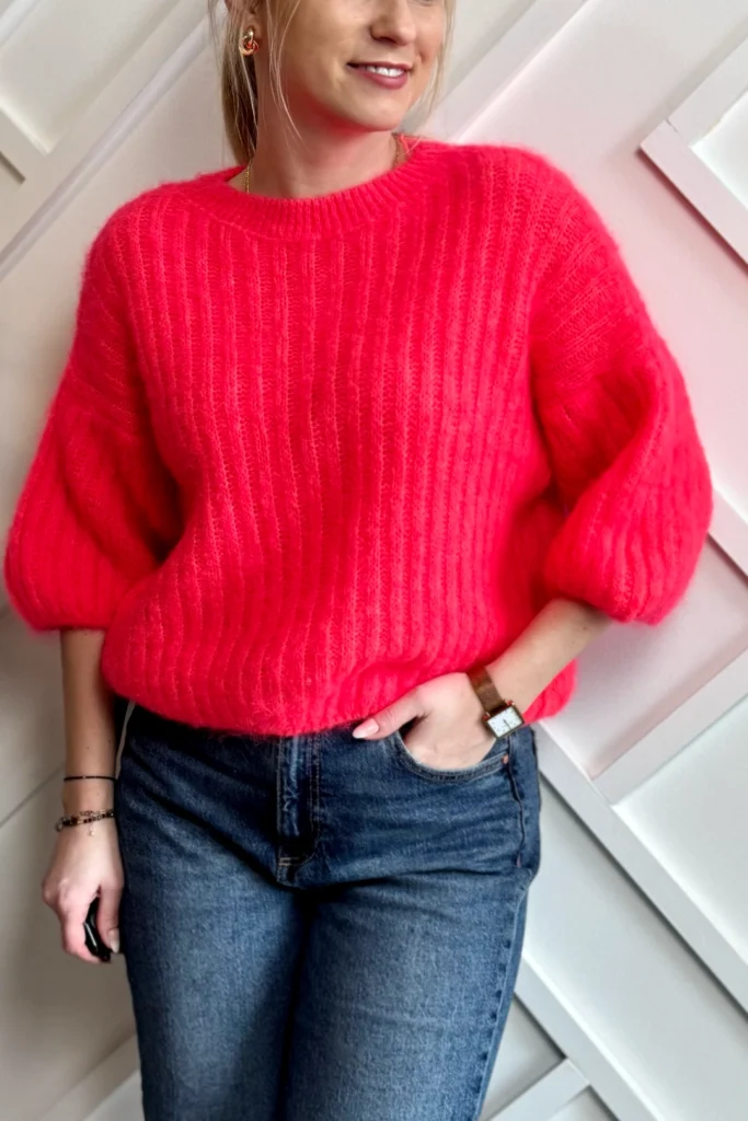 sweter moherowy na krótki rękaw koralowy czerwony